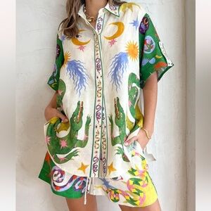 DAYS OF HEAVEN LINEN BLEND UNIQUE PRINT BLOUSE AND ELASTIC WAIST SHORTS SET